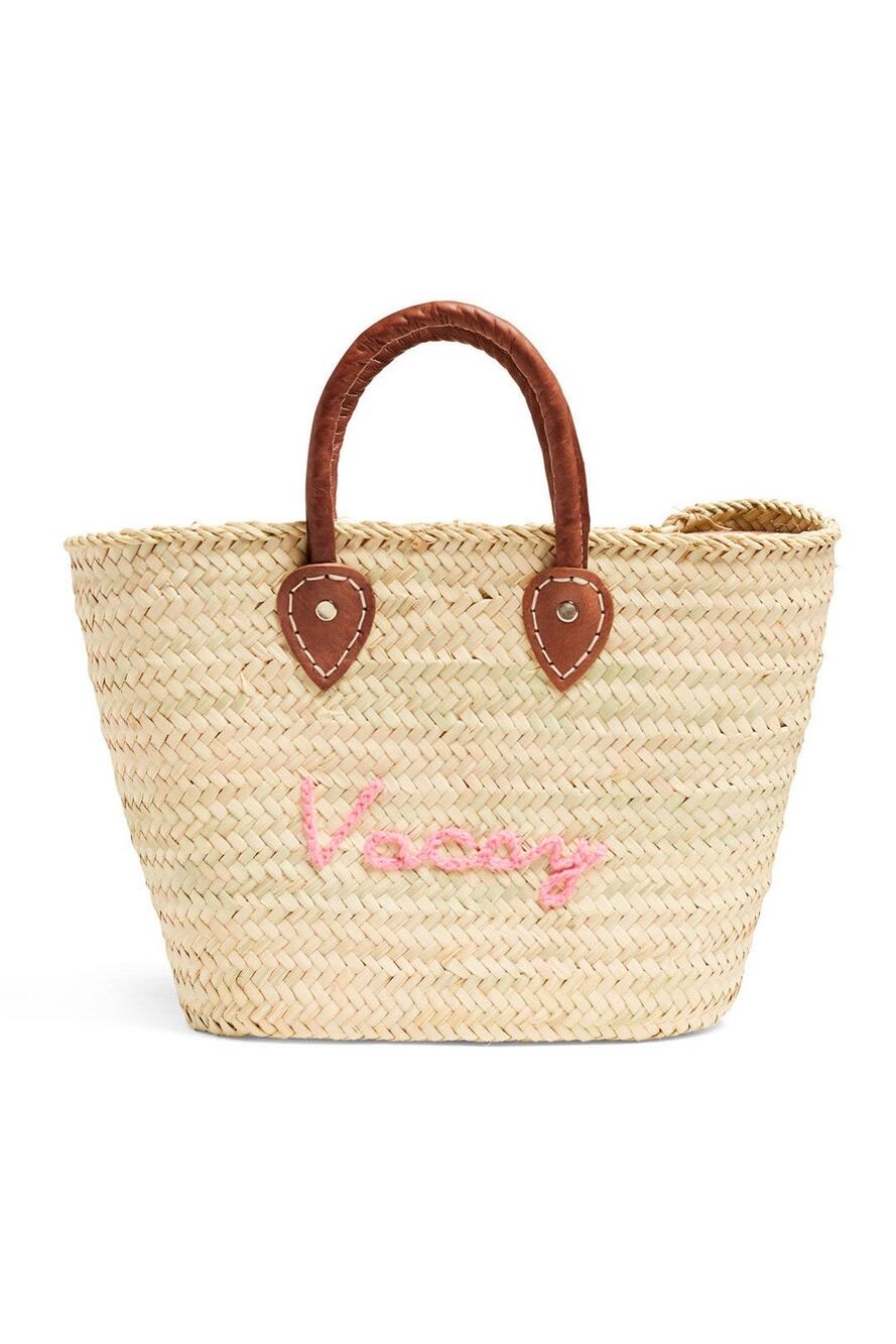 POOLSIDE Woven Straw Open Tote Pink “VACAY” Text Leather Handle Tote Purse